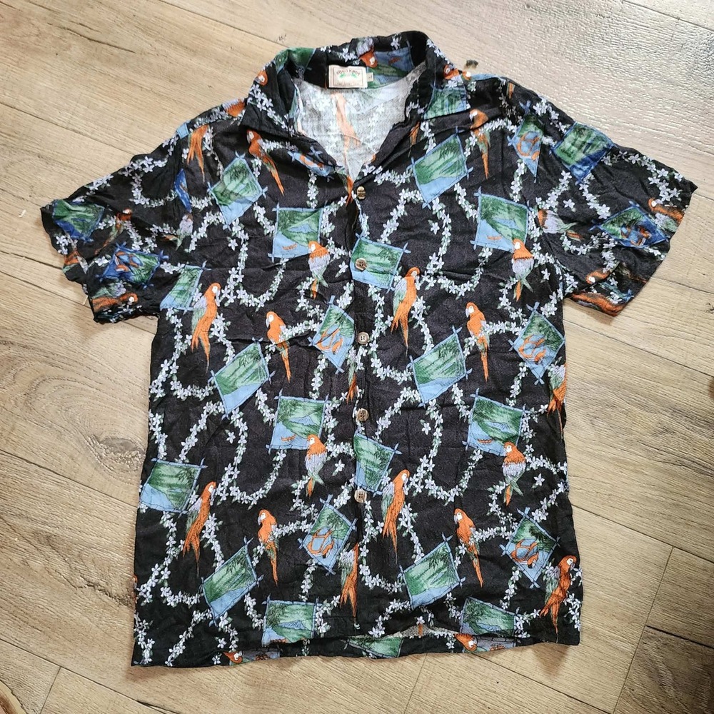 Koko Knot Mens Large Black Tropical Parrot Floral Lei Hawaiian Camp Shirt